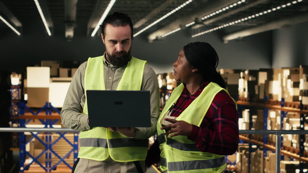 Operai di magazzino che discutono la gestione dell'inventario su laptop.