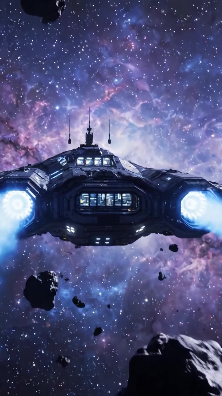 Et futuristisk rumskib glider gennem et ekspansivt kosmisk landskab, der viser avanceret teknologi og universets storhed fyldt med farverige tåger og asteroider.