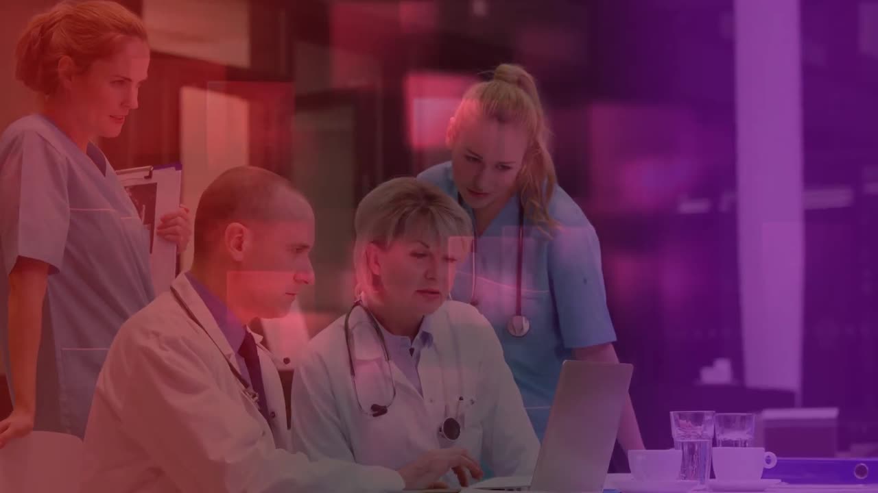 노트북을 사용하는 코카시안 의사들에 대한 사각형의 애니메이션