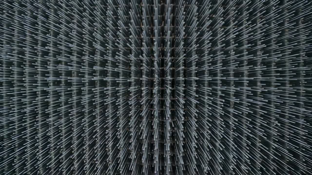 En framåtrörlig kamera rör sig framåt över ett metallstångsgaller och avslöjar en central kolonn och vassare stångspetsar.