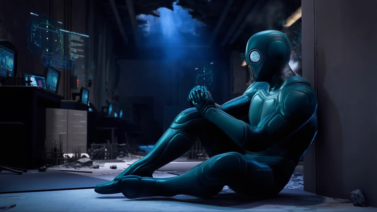 A Solitary Figure in a Futuristic, Derelict Computing Environment