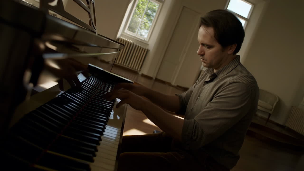 Man playing the piano in a sunlit room