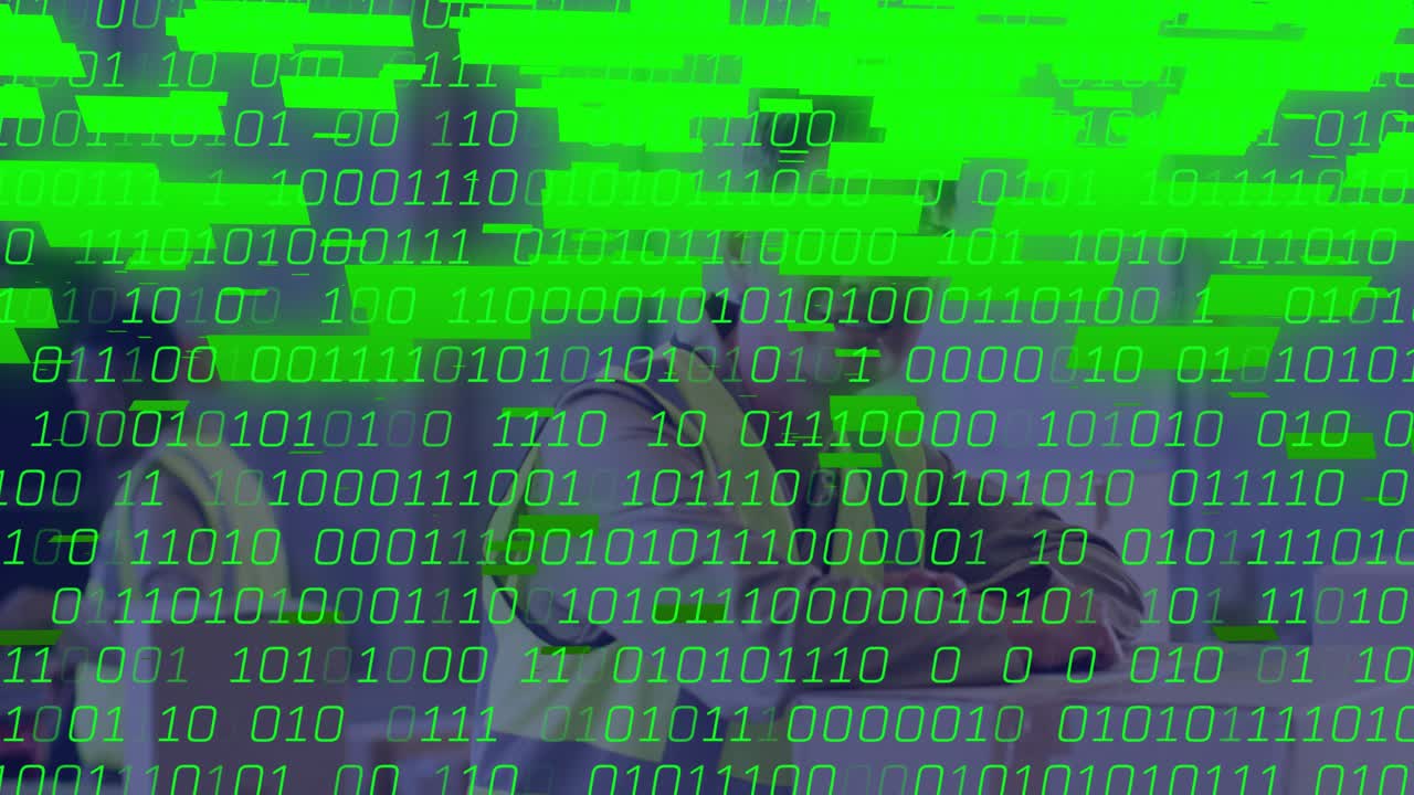 Mature Korean warehouse worker tapping wrist scanner activating data overlay for inventory tracking
