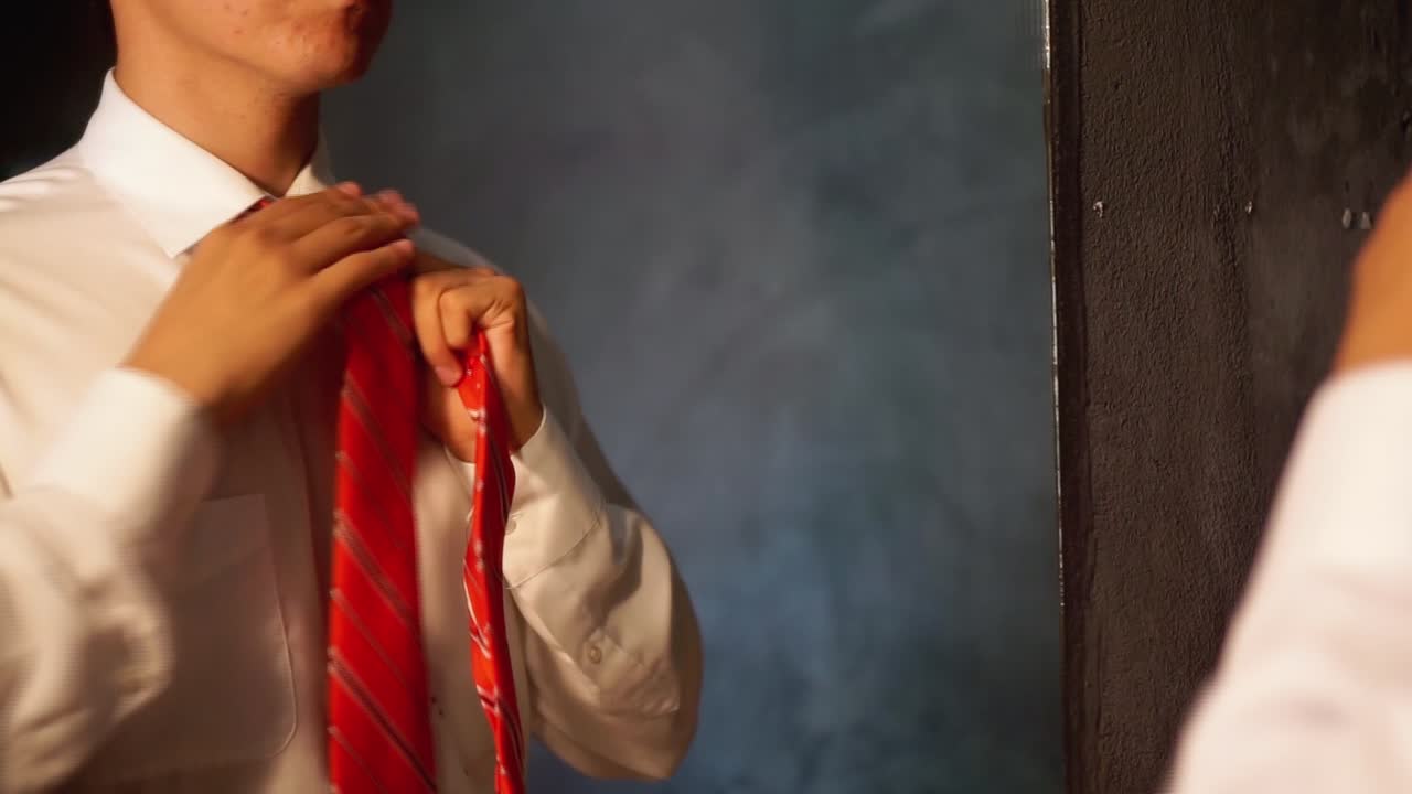 색 셔츠를 입은 남자가 타이를 는 동안 거울을 바라보고 있다