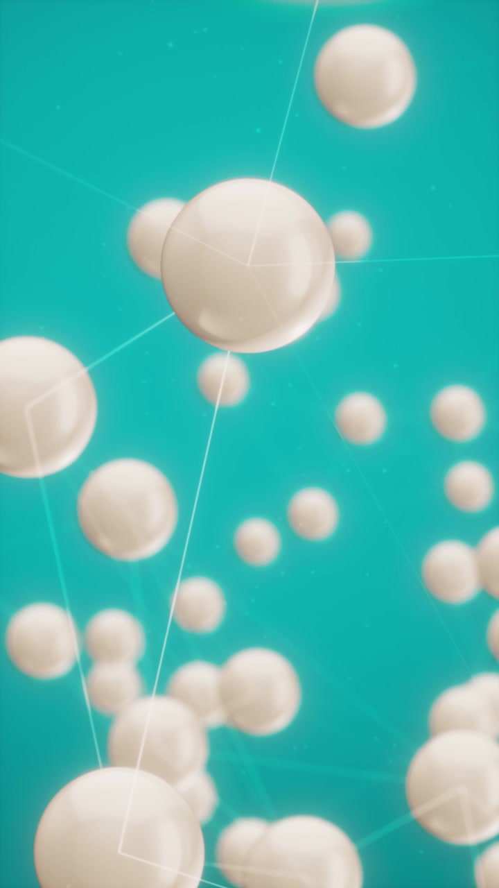 Animazione 3D verticale di perle bianche lucide e bolle fluttuanti. Sfondo sfumato con messa a fuoco selettiva morbida per schermo di smartphone, ideale per cosmetici di lusso o strutture cellulari scientifiche, 4k