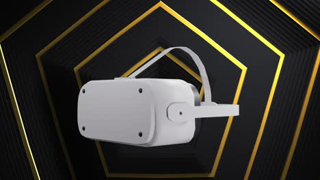 animación de auriculares vr que se mueven sobre líneas doradas hexagonales sobre fondo negro
