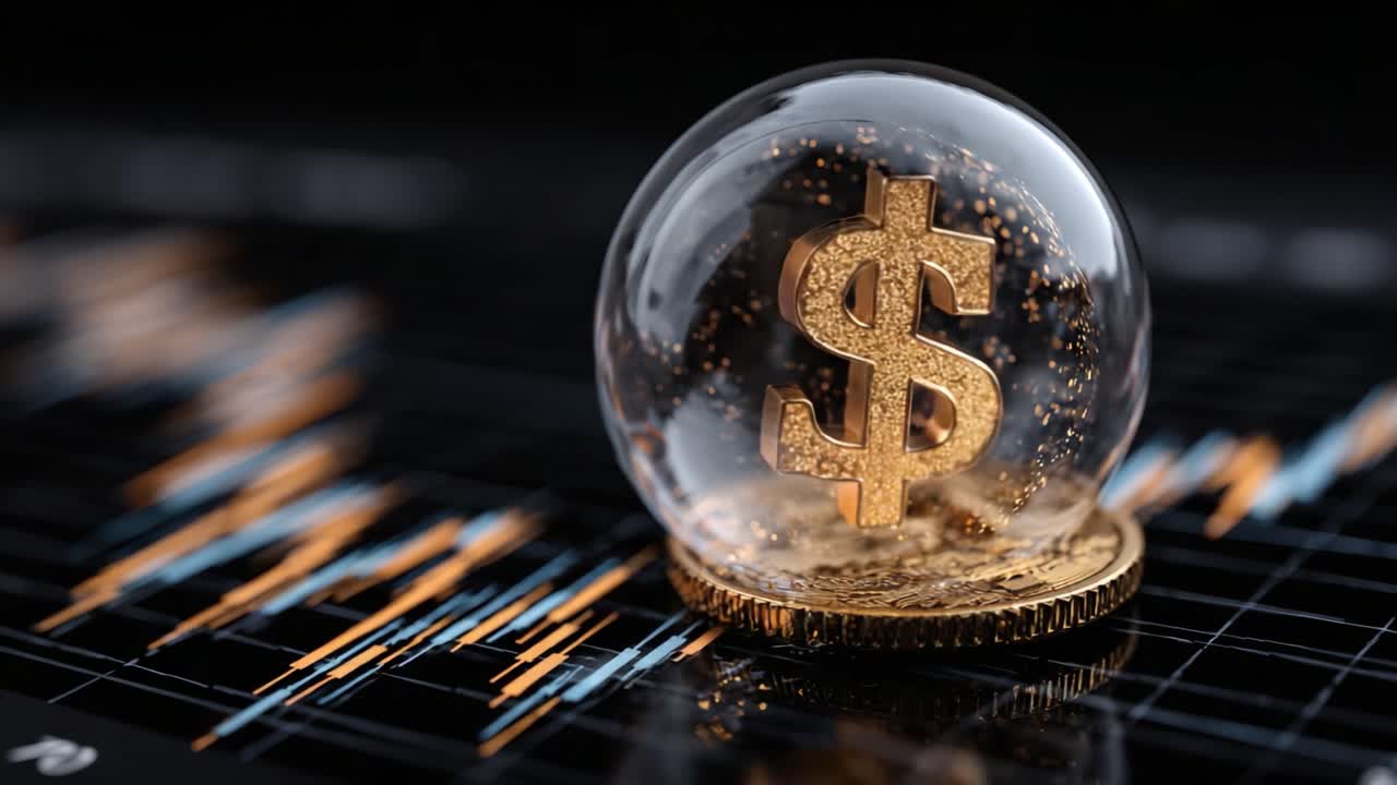 Et glitrende dollartegn innkapslet i en gjennomsiktig boble på en finansiell grafbakgrunn, som symboliserer økonomiske trender og investeringsmuligheter