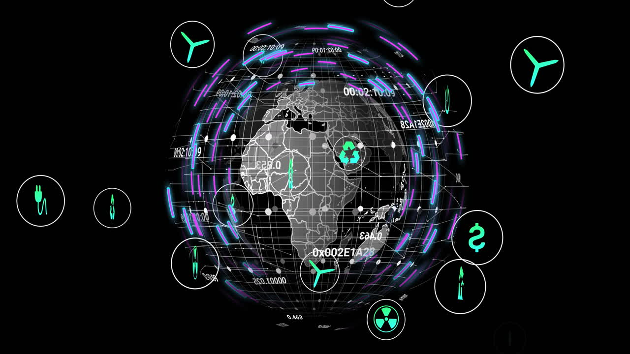 Animation of eco icons and data processing over globe with light trails