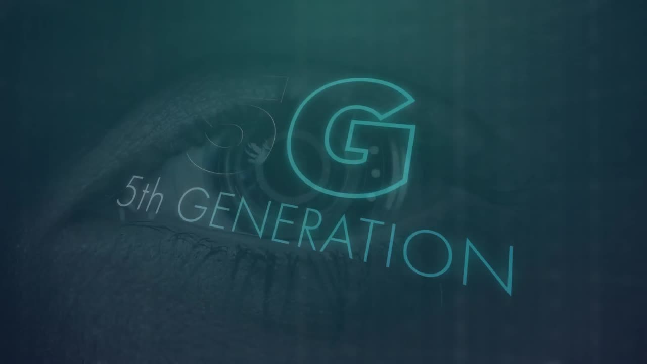 Animation of text 5g 5th generation, with circular scope rotating over blinking eye, on dark grey