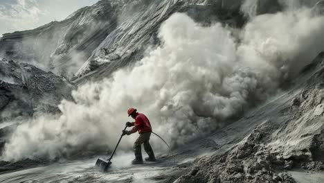 worker cleaning up volcanic ash