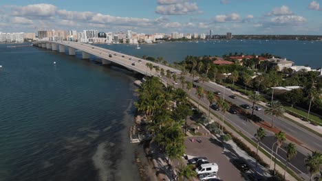 high-speed aerial backward from bird key in sarasota, florida