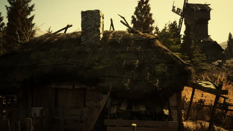 rustic thatched roof cottage under the evening sun in a rural landscape