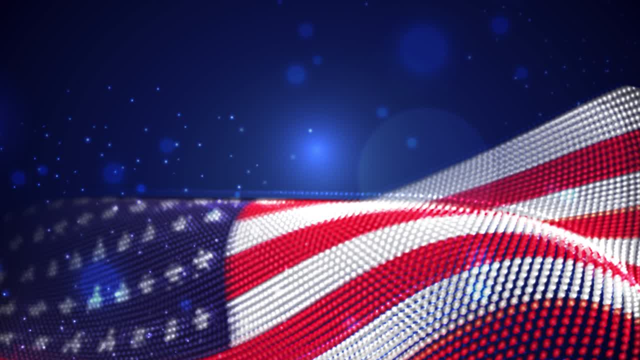 USA waving flag on blue background with bright flares, motion loop