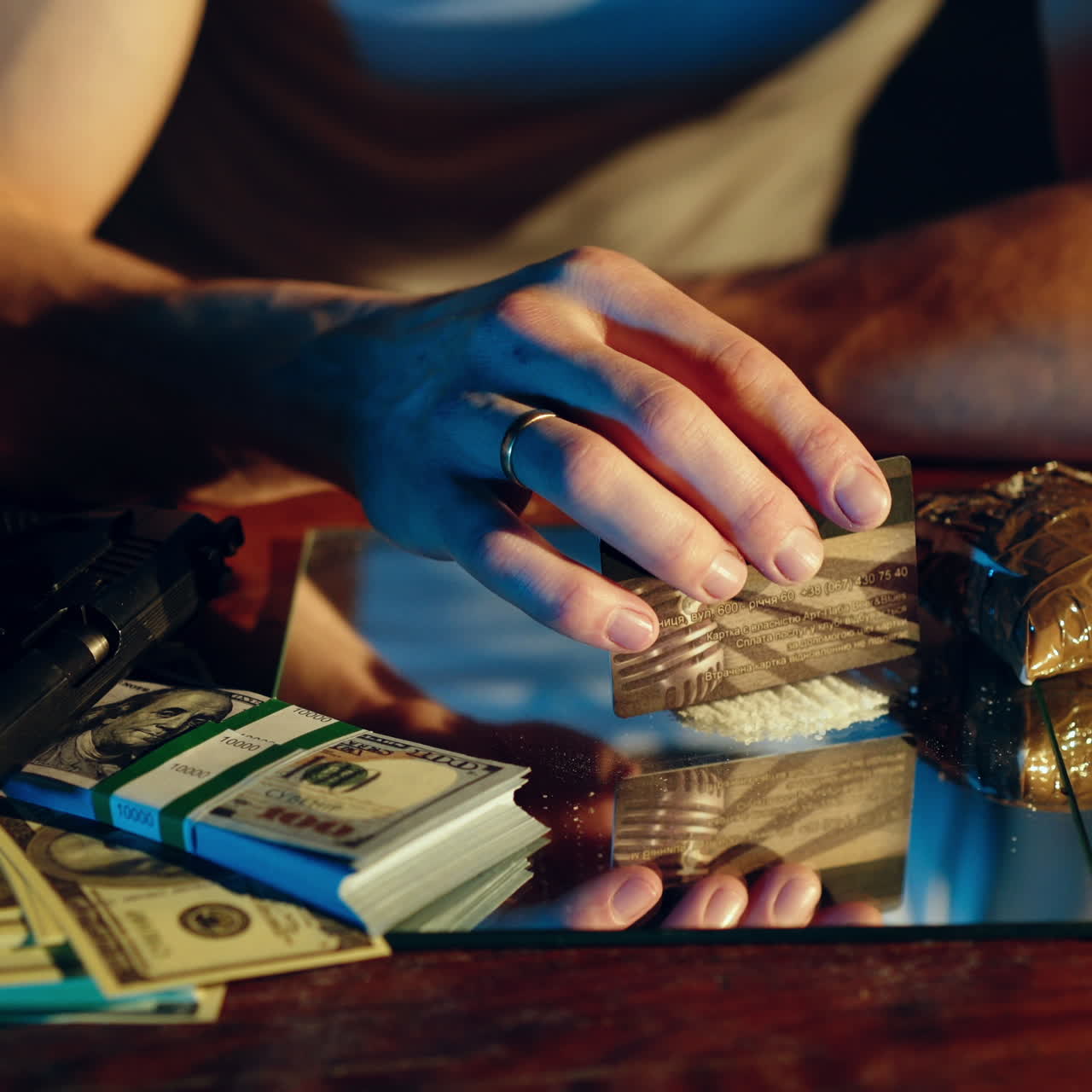 Drug addict preparing cocaine lines. Cocaine powder sorted. Concept of drug abuse. Social problems Square video