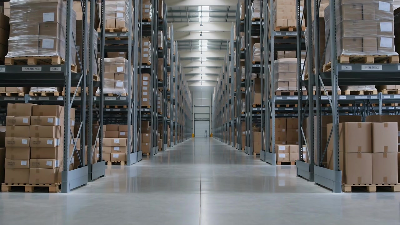 Tracking camera starting slow forward track down central warehouse aisle, revealing pallet racking