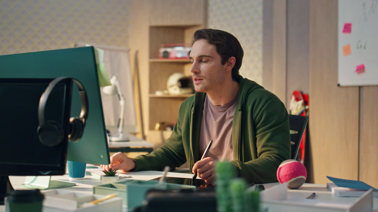 inspirado creador dibujando gráficos tableta en el gabinete de negocios. hombre trabajando pluma