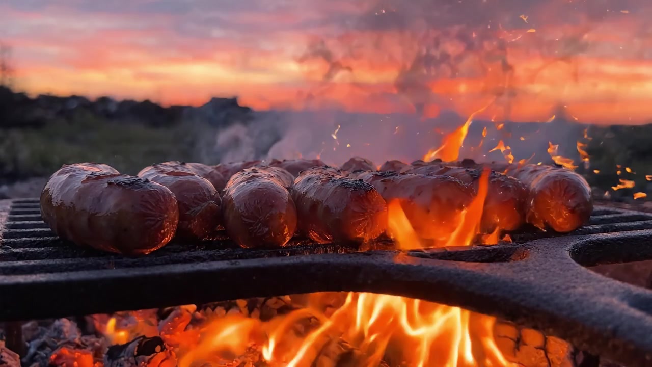 Grigliare Deliziose Salsicce Su un Falò al Crepuscolo con uno Splendido Sfondo di Tramonto, Mettendo in Mostra l'Arte della Cucina all'Aperto e Godendosi la Bellezza della Natura