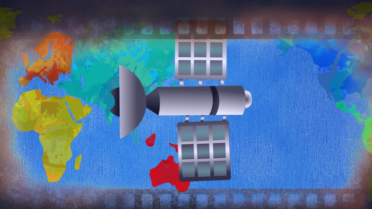 animación de un satélite volando sobre el mapa del mundo
