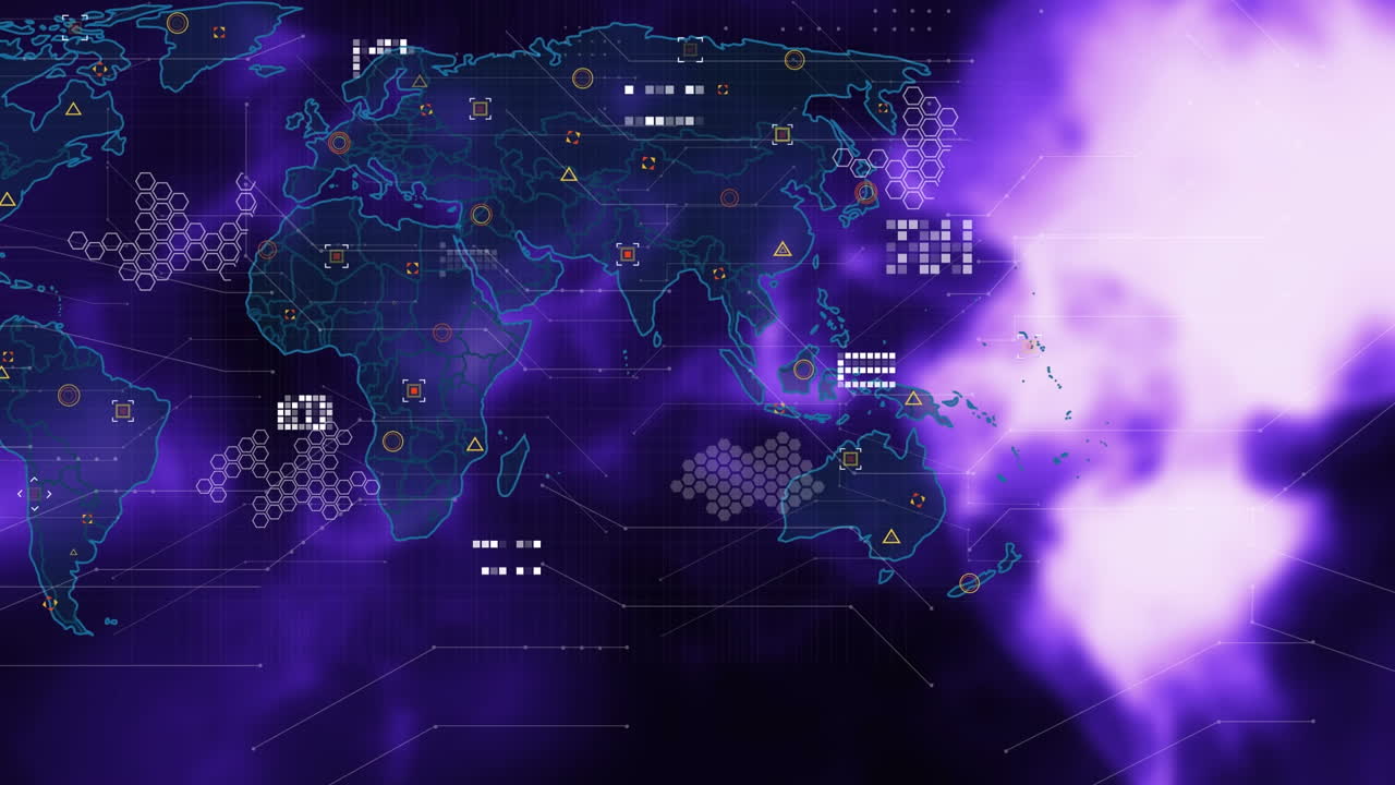 animación digital del procesamiento de datos sobre el mapa del mundo contra un fondo púrpura