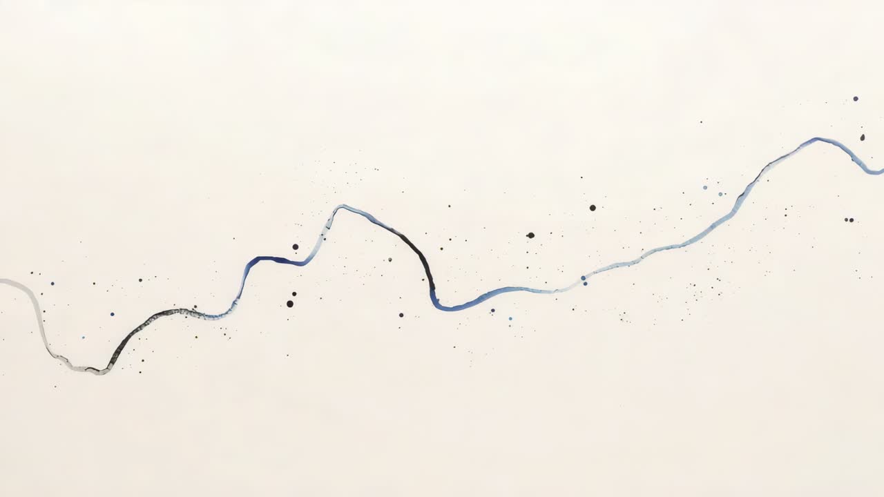 Flowing ink initiating wavy blue-black pigment line moving right along pale sheet, pooling droplets