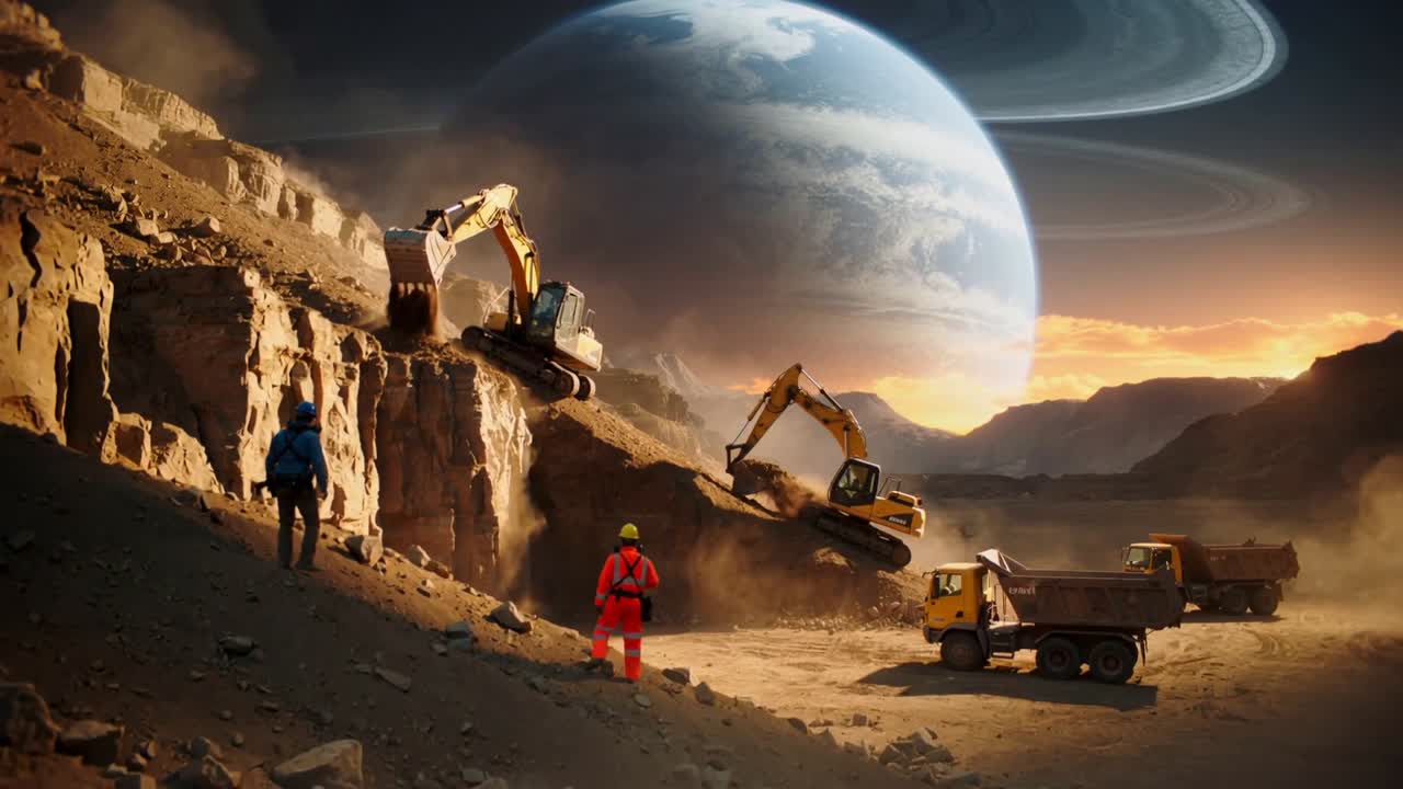 Upper excavator releasing load, two excavators and hi-vis worker loading truck at pit under rings