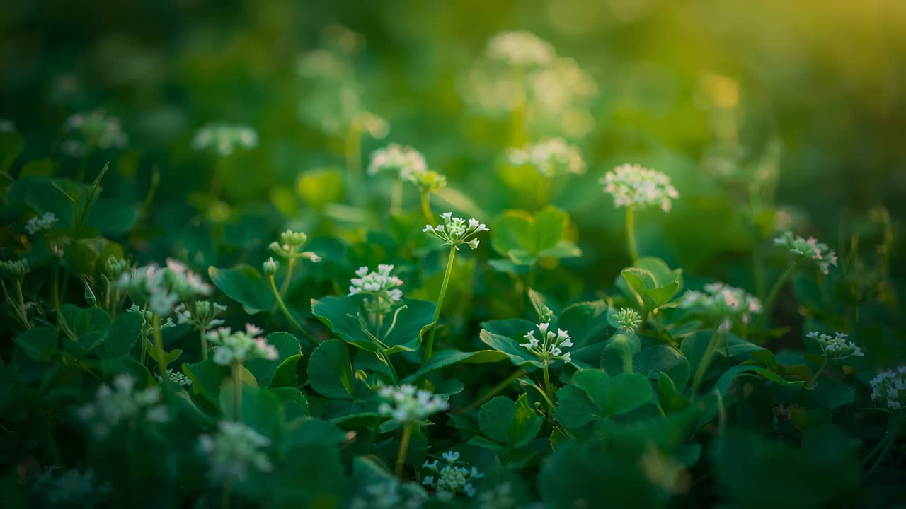 Pulling focus camera revealing clover patch at meadow floor, showing flower heads and sunlit bokeh
