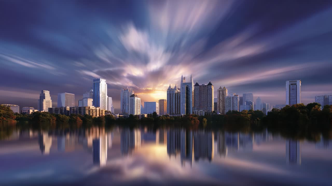 Uma deslumbrante paisagem urbana refletida em águas serenas ao amanhecer, exibindo a arquitetura moderna contra um céu colorido em uma pitoresca paisagem da cidade