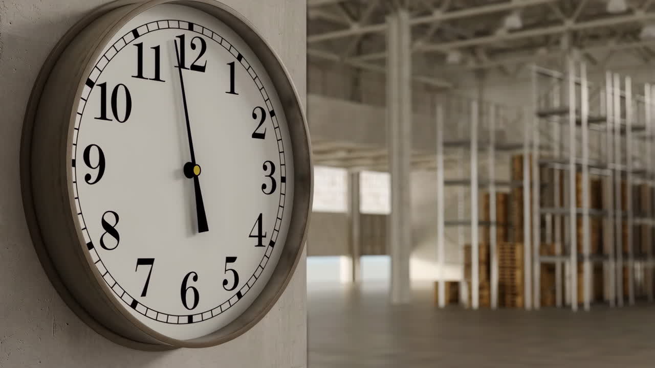 A wall clock in a large warehouse with a forklift in the background