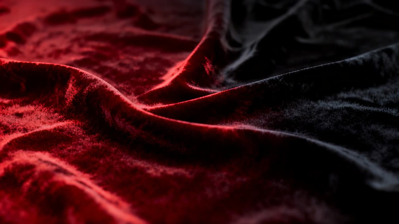 Luz de acento roja en movimiento deslizándose por una tela de terciopelo en un primer plano de estudio, revelando la textura.