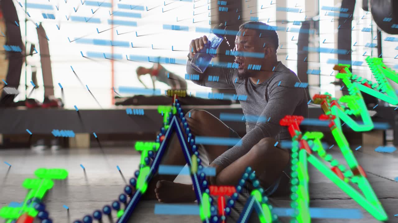 Male exerciser reaching for blue bottle in gym after overlay sweep, drinking while 3D graph rising