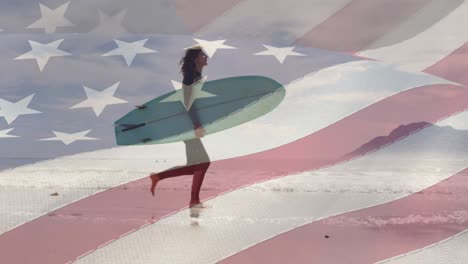 animation of flag of united states of america over happy woman with surfboard on beach