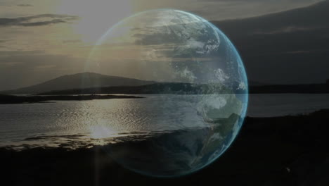 digital earth globe floating over calm water at sunset, reflecting warm sunlight in 3d render