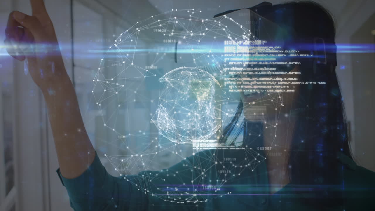 데이터 처리 및 세계를위한 애니메이션 카우카시안 여성 vr 헤드을 사용하여