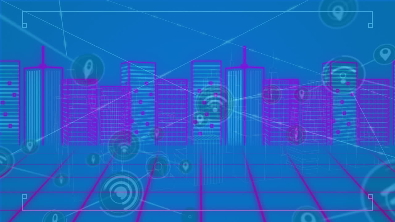 Network of connections over cyber cityscape