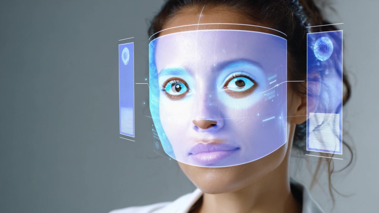 A woman with a technology-enhanced face is experiencing a digital transformation, showcasing futuristic facial features and holographic information on her skin.