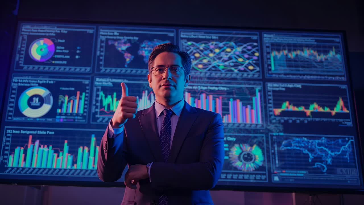 After few seconds professional giving thumbs-up in data room, showing approval with charts and maps