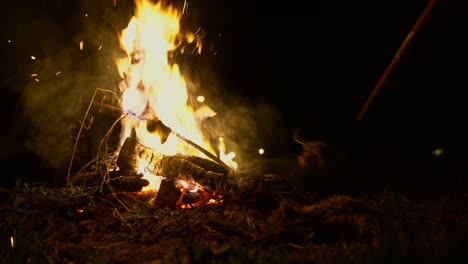 static shot of a camp fire at night as someone adds a fresh kindling to the fire and rakes the logs together