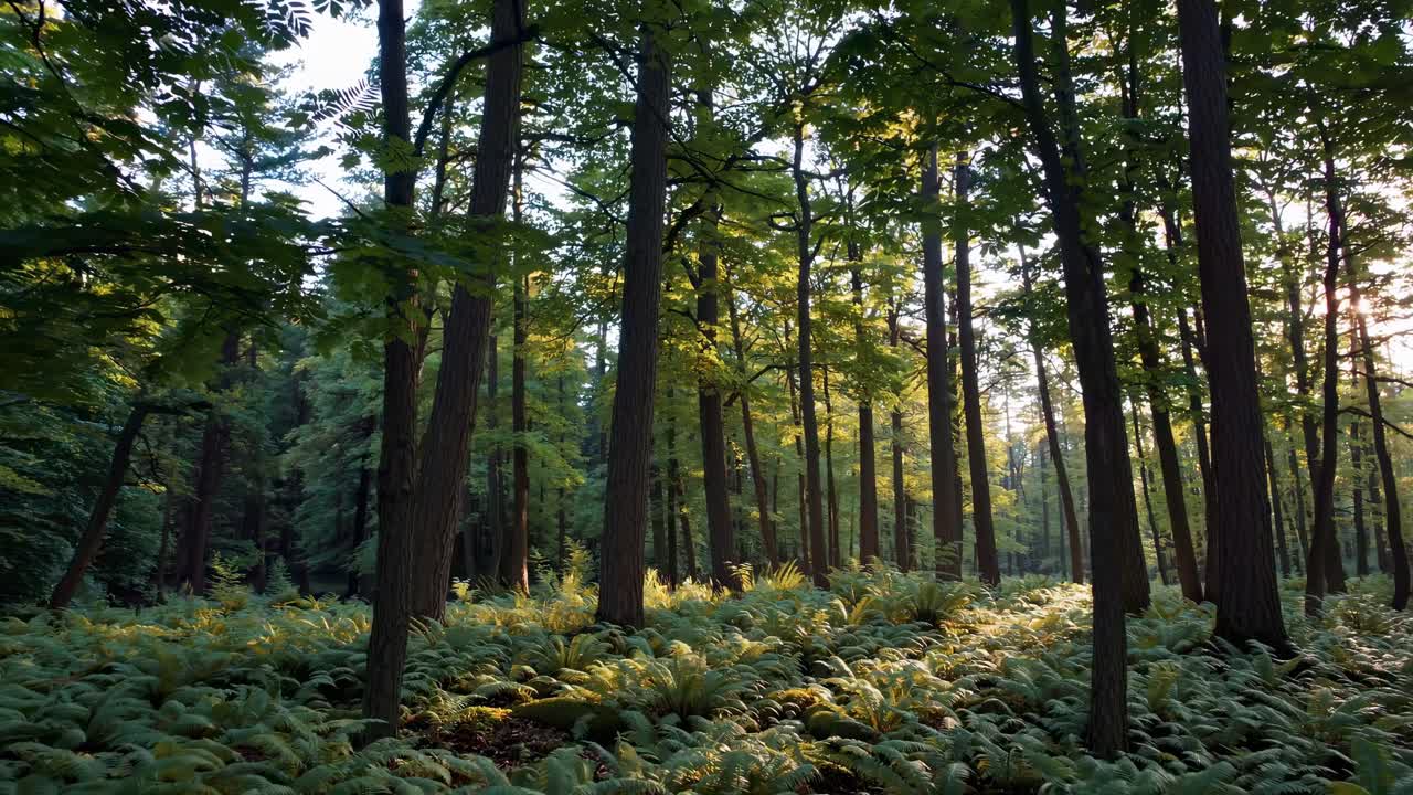 Serena scena di una foresta con la luce del sole che filtra tra gli alberi ad alto fusto, catturata ad altezza degli occhi