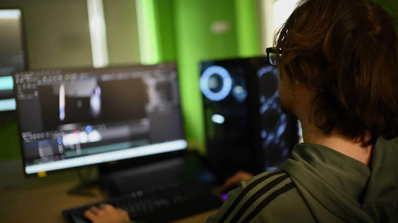 Man working on video editing software on computer in a modern workspace