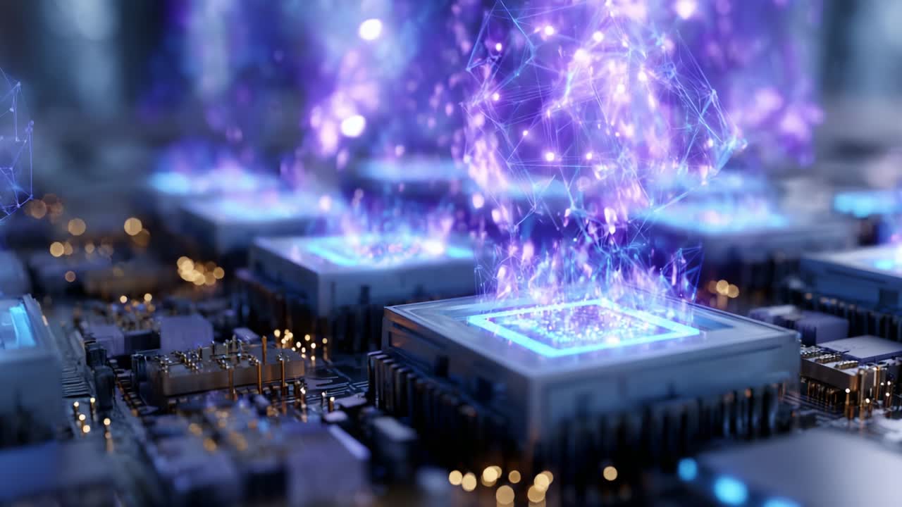 Futuristic Quantum Computing Visuals: Energy Pulses Emanating from Advanced Microprocessors on a Circuit Board, Representing the Intersection of Technology and Innovation in the Digital Age