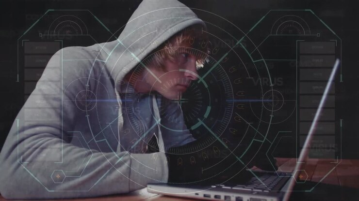 Animation of scope scanning with data processing over caucasian male hacker using laptop