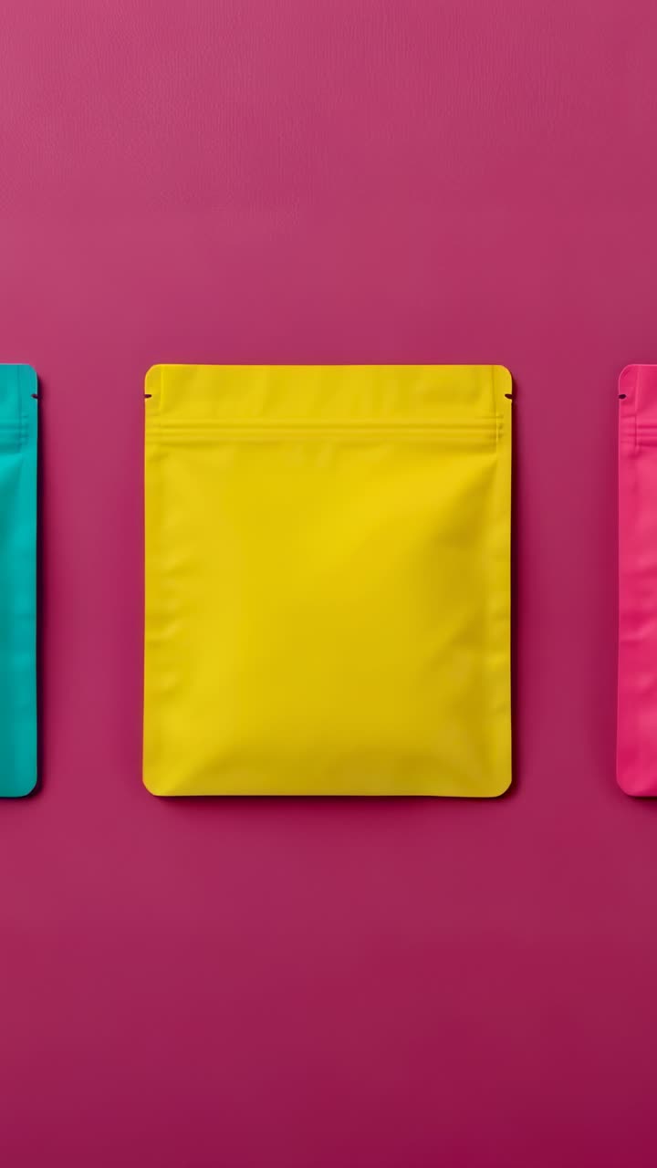 Vertical video: Showing three zipper pouches in turquoise-yellow-pink on fuchsia studio backdrop