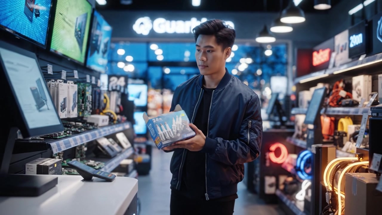 Exploring the Latest Tech Gadgets and Accessories in a Modern Electronics Store with a Young Customer Engaging with the Products