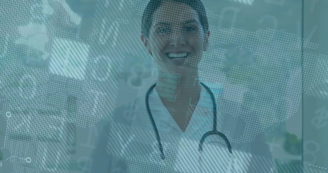 Panorámica de cámara ascendente revelando a un médico, con un mapa flotante y una forma de onda de ECG que ilustran datos de salud.
