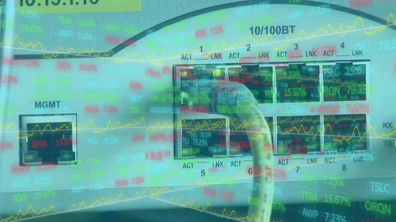 기술 장비에 연결된 케이블을 통해 데이터 처리를 하는 통계의 애니메이션