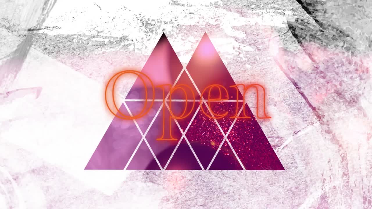 animación de texto abierto en neón rojo y triángulos recortados en papel blanco sucio, sobre bolas