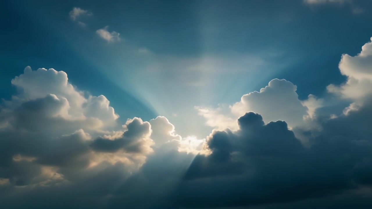 Raggi di Sole che Irradiano Attraverso le Nuvole nel Cielo Blu