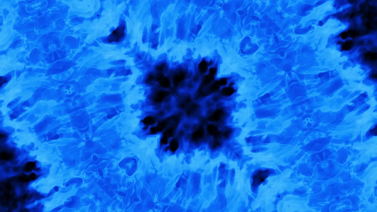 Fuoco con fiamme blu su sfondo nero. Fiamma ardente. Flussi di fuoco astratti in caleidoscopio. Fiore Mandala buddista, caleido. Bagliore blu infuocato. Fuoco intenso. Campi in fiamme. Loop 4K.
