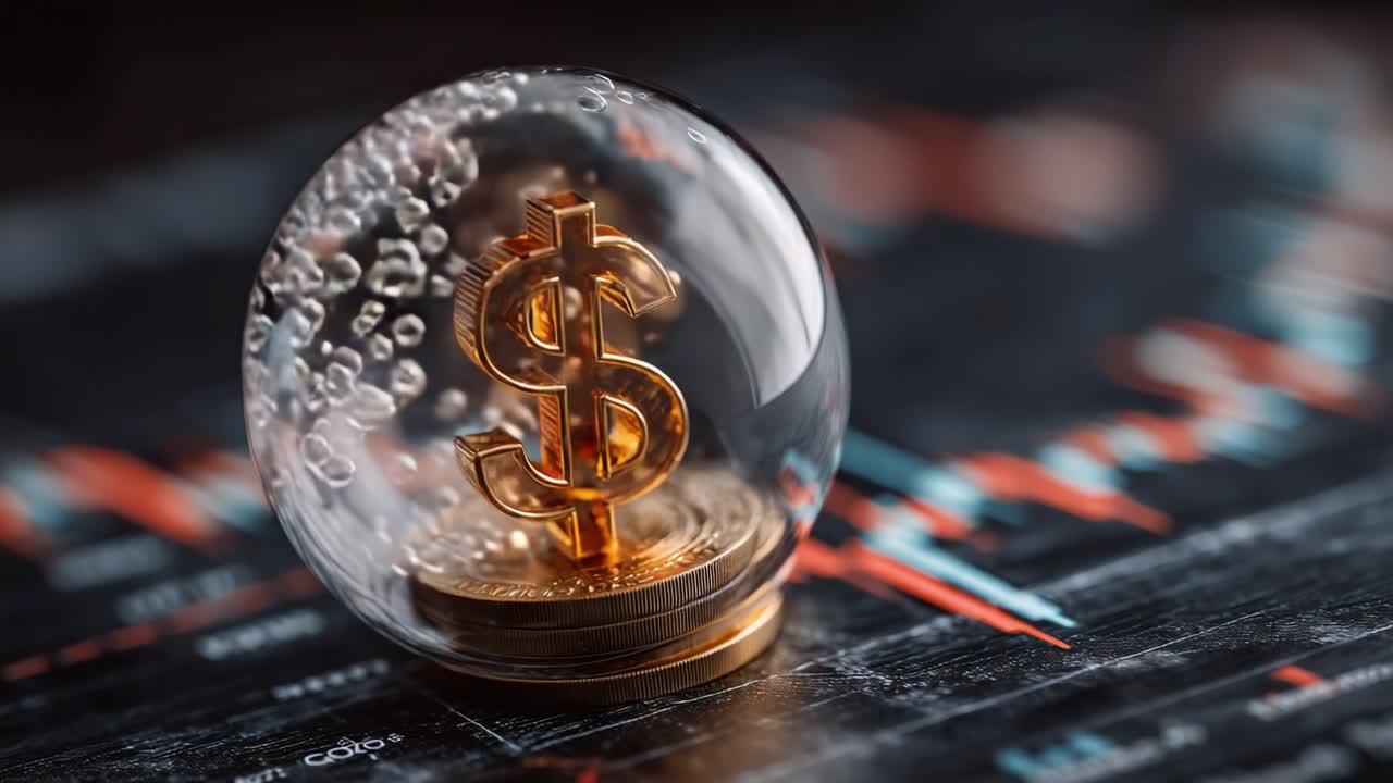 Diamantbesatt dollartegn i en glassboble som reflekterer den fascinerende verdenen av finans og økonomi på en bakgrunn av et aksjemarkedskart