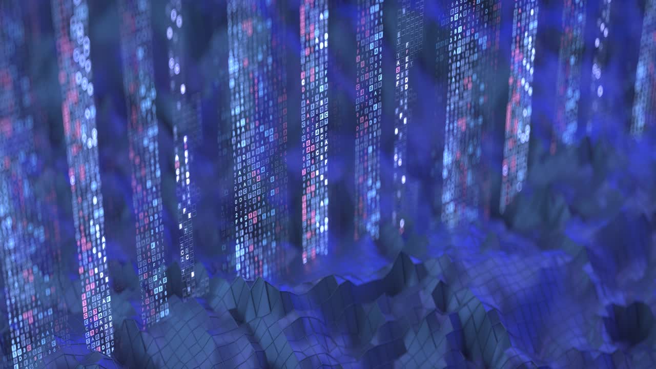 Codice informatico, animazione 3D renderizzata in loop continuo